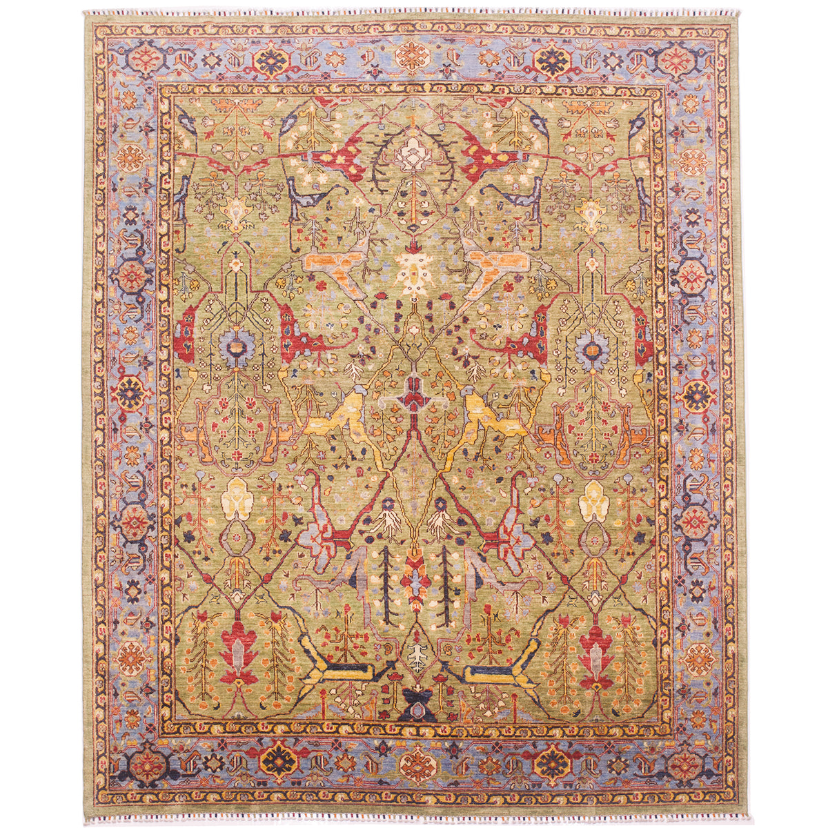 Hand-knotted Afghan Green Garous carpet with all over floral design and light blue main border. Gentle green field colour with densely filled field. 