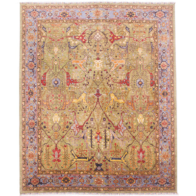 Hand-knotted Afghan Green Garous carpet with all over floral design and light blue main border. Gentle green field colour with densely filled field. 