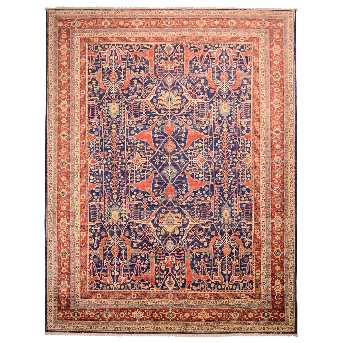 Fine Afghan Garous carpet with blue ground with all over densely patterned carpet with antique garous pattern and multiple border. Rich blue field and golden and red  distinctive multiple borders. 