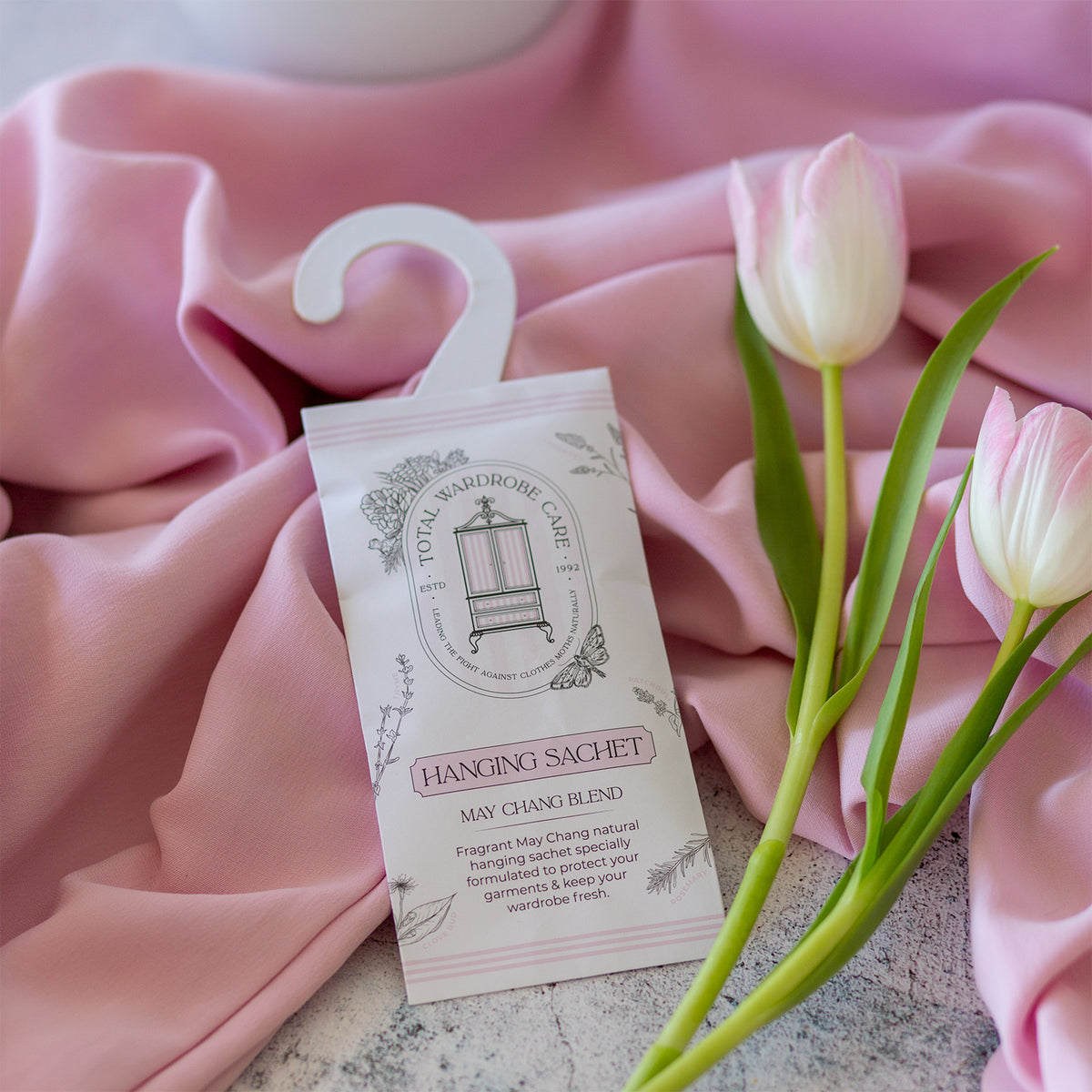 Moth repelling Hanging Sachets for wardrobes. May Chang Blend natural moth repellent for wardrobes and woollens
