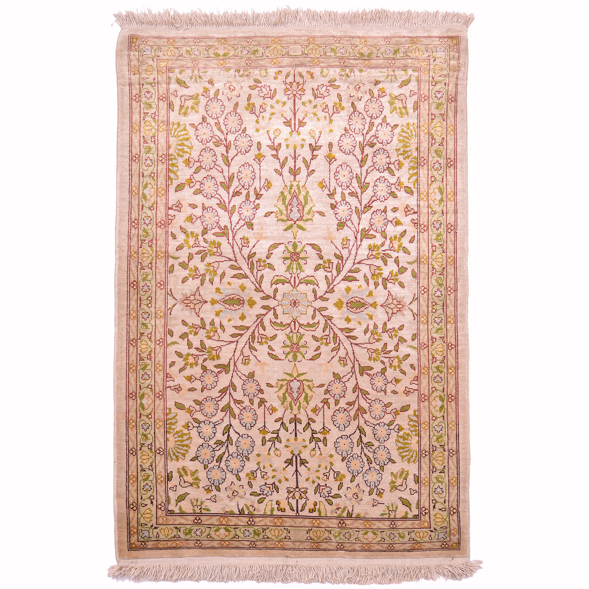 Turkish Silk Hereke mat; floral design on cream/beige ground with colours of green, fawn and light blue.