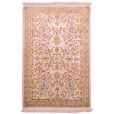 Turkish Silk Hereke mat; floral design on cream/beige ground with colours of green, fawn and light blue.