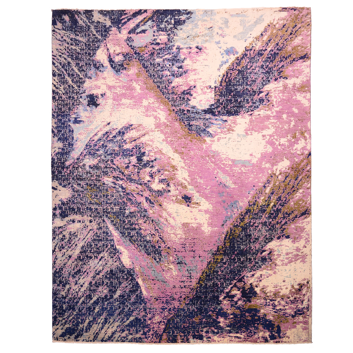 Abstract Himalaya carpet in shades of dark and light blue, white, grey and mauve/purple as well as hints of olive green. Wool and viscose art silk pile. 