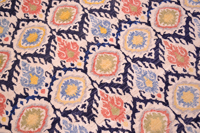Close up detail of field of handwoven pile of ikat design carpet with dark navy blue background, cream, light grey outlining, light blue, light terracotta, gold yellow and olivey green.