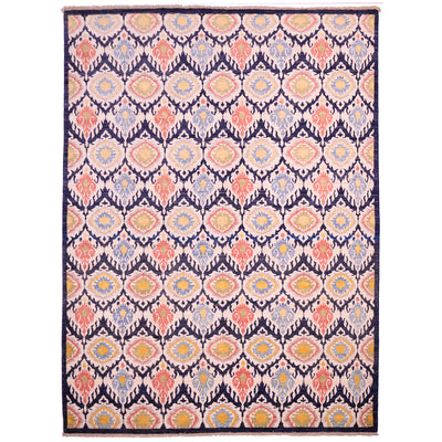 Ikat design Afghan Carpet with all -over design in colours of dark blue with cream as well as gold yellow, green, blue and terracotta.