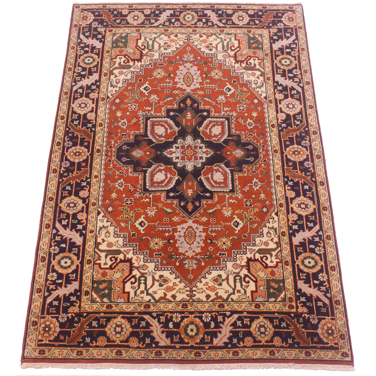 A traditional Handmade Indo Heriz carpet with a complex geometric and floral pattern, featuring a rust red center, dark navy blue borders, and beige accents.