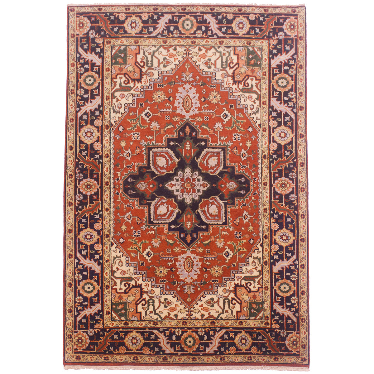 Classic geometric medallion design handmade Indo Heriz carpet with rust field, cream corners and midnight medallion and border.