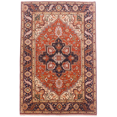 Classic geometric medallion design handmade Indo Heriz carpet with rust field, cream corners and midnight medallion and border.