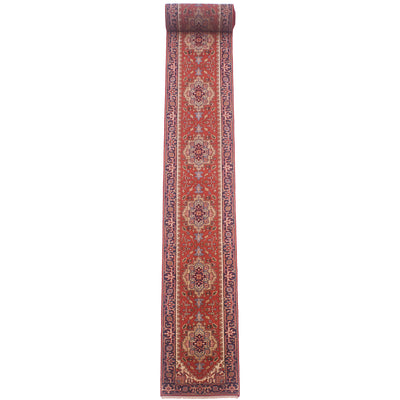 Handmade extra long Indo Heriz runner: orange-rust with navy, blue, yellow and cream.