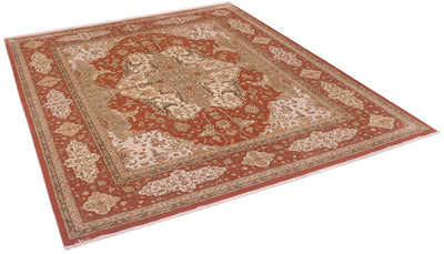 A traditional oriental-style area rug with an intricate floral and medallion pattern in rust red, beige, and cream, shown from an elevated angle on a white background.