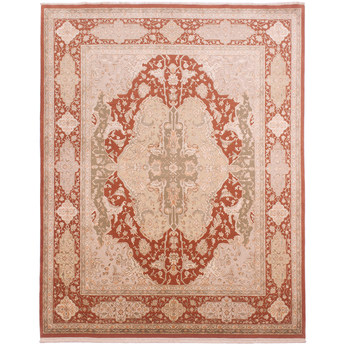 Super fine Indo-Mashad carpet hand-knotted with wool and silk pile. Colours of earthy terracotta, green and beige tones.