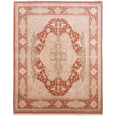Super fine Indo-Mashad carpet hand-knotted with wool and silk pile. Colours of earthy terracotta, green and beige tones.