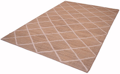 Angled view of beige flat weave with cream lattice design