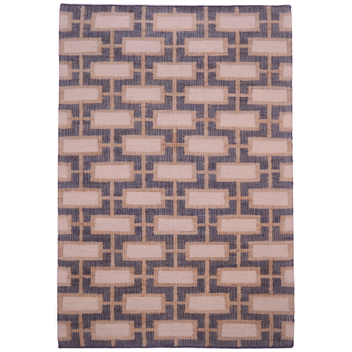Handwoven Indian jute kilim rug with geometric block pattern in neutral cream, dark blue and gold tones, flatweave design, 2.40 x 1.58m