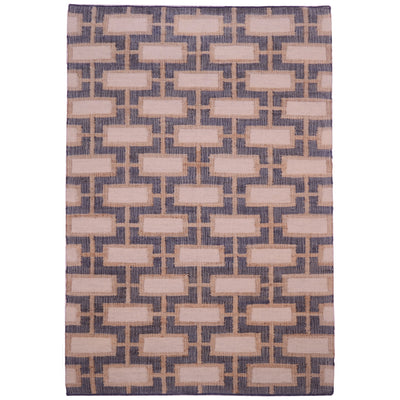 Handwoven Indian jute kilim rug with geometric block pattern in neutral cream, dark blue and gold tones, flatweave design, 2.40 x 1.58m