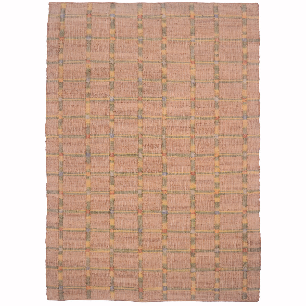 Handwoven Indian jute kilim rug with earthy tones and subtle check pattern, natural flatweave texture.