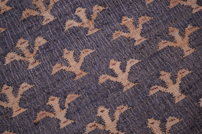 A close-up of woven jute rug with a repeating tan floral  pattern on a dark navy blue background.