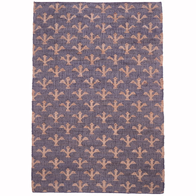 Indian jute kilim rug with a repeating Fleur de Lys pattern in natural and muted tones