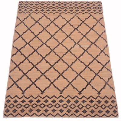 A rectangular area rug with a natural tan background and a dark brown geometric diamond lattice pattern, featuring decorative borders at the top and bottom.