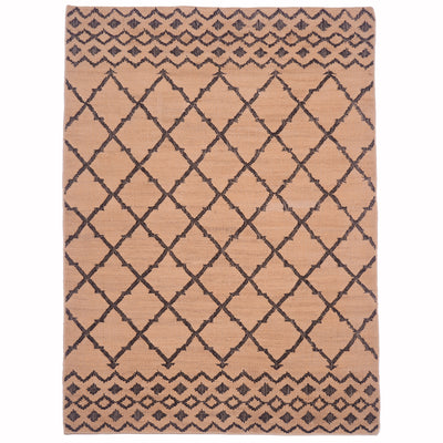 Handwoven jute kilim rug with a natural beige base, dark diamond lattice pattern, and decorative border.