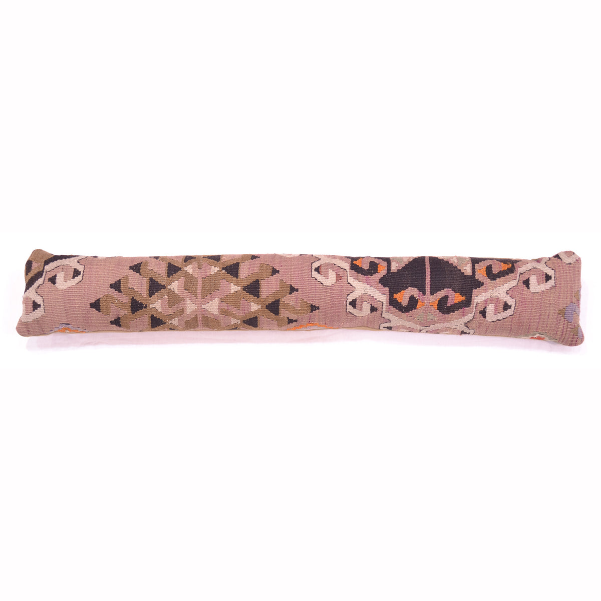 Vintage Turkish Kilim Draught Excluder cinder rose/faded pink with geometric design.