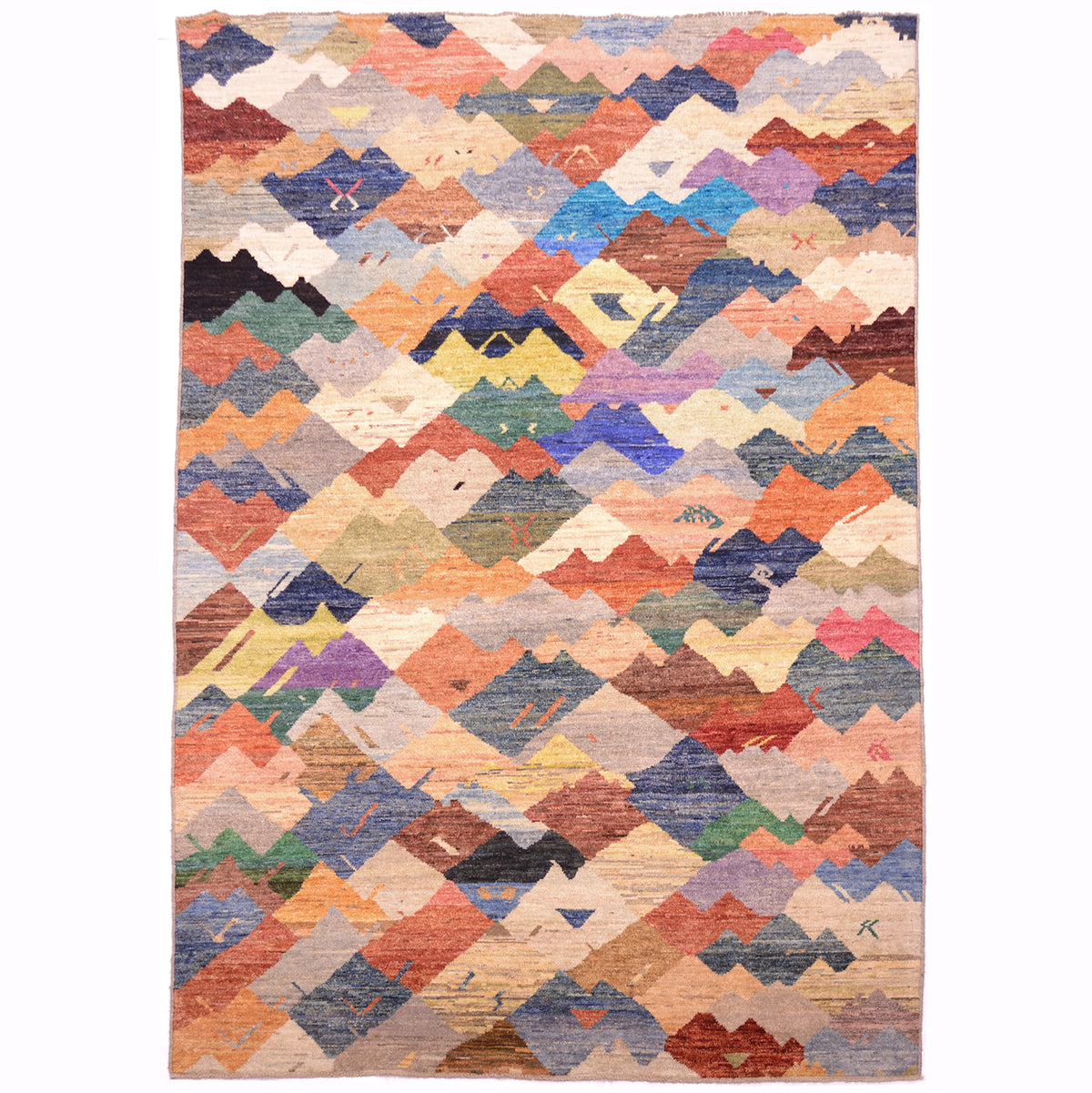 Afghan Kaleidoscopic carpet: a vibrant multi-colour modern abstract Afghan carpet with warming naturally vibrant earthy tones. 