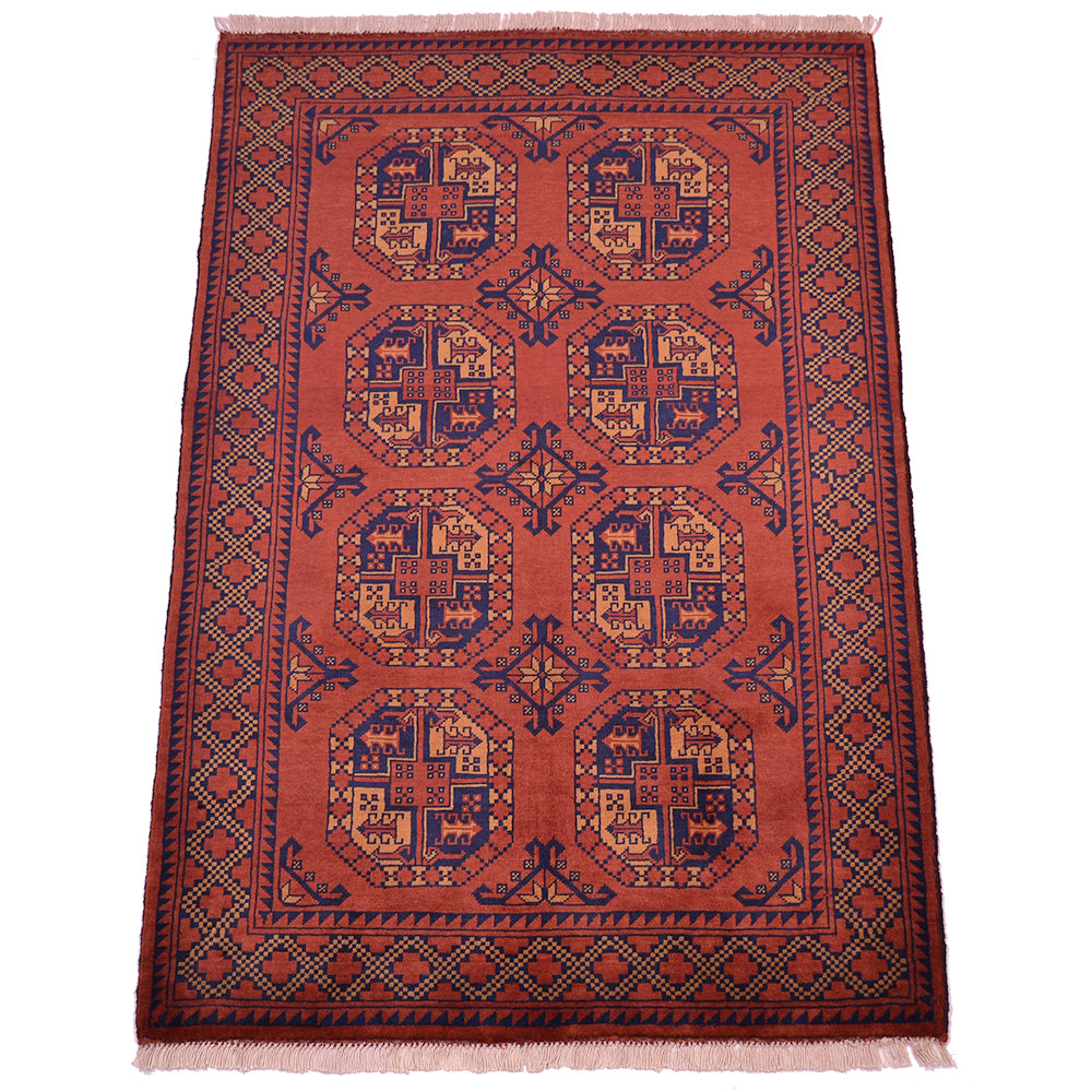 A 6x4 rectangular handmade Afghan Kargahi rug with a traditional geometric pattern in rusty-red, navy blue, and beige, featuring a central field with eight octagonal guls and a decorative border with fringe on the top and bottom edges.