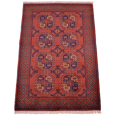 A 6x4 rectangular handmade Afghan Kargahi rug with a traditional geometric pattern in rusty-red, navy blue, and beige, featuring a central field with eight octagonal guls and a decorative border with fringe on the top and bottom edges.