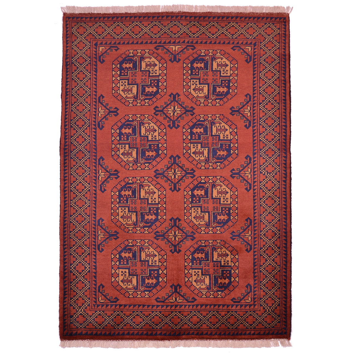 Classic Handmade Afghan Kargahi rug  with Fil Pai design on a coppery-red ground colour.