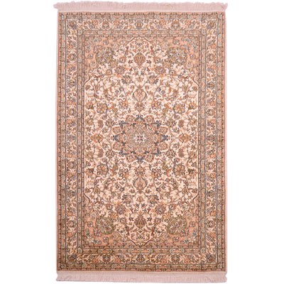 Cream with apricot and blue fine Indian Silk Kashmiri rug with elegant floral medallion design.