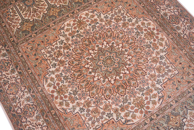 A close-up of asilk Kashmir area rug featuring a central medallion and intricate floral motifs in dusty terracotta, beige, brown, and muted green.