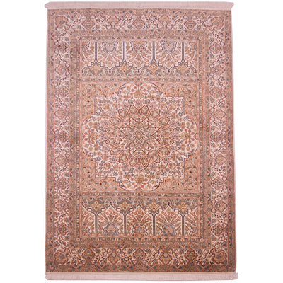 Elegant medallion style Fine silk Kashmir rug with colours of cream, apricot and sage green.