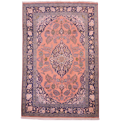 Old silk Kashmir rug: elegant curvilinear medallion design with pink main field colours.