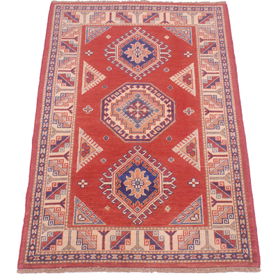 Red handmade Kazak rug with central diamond medallions and blue patterned border