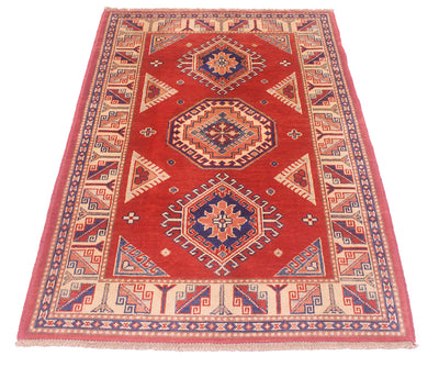 Red handmade Afghan Kazak rug with dark blue and orange medallion shapes
