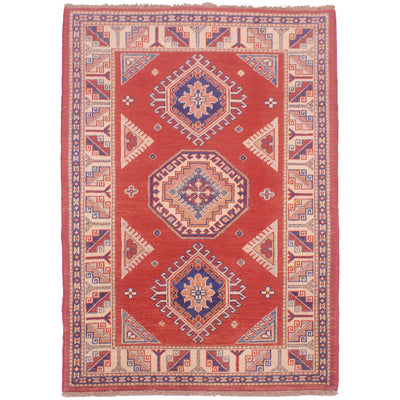 Red handmade Afghan Kazak rug with geometric medallion and border pattern