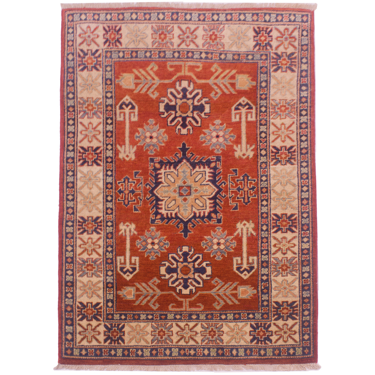 Afghan Red Kazak Rug with rusty-red field colour, beige border and geometric design.