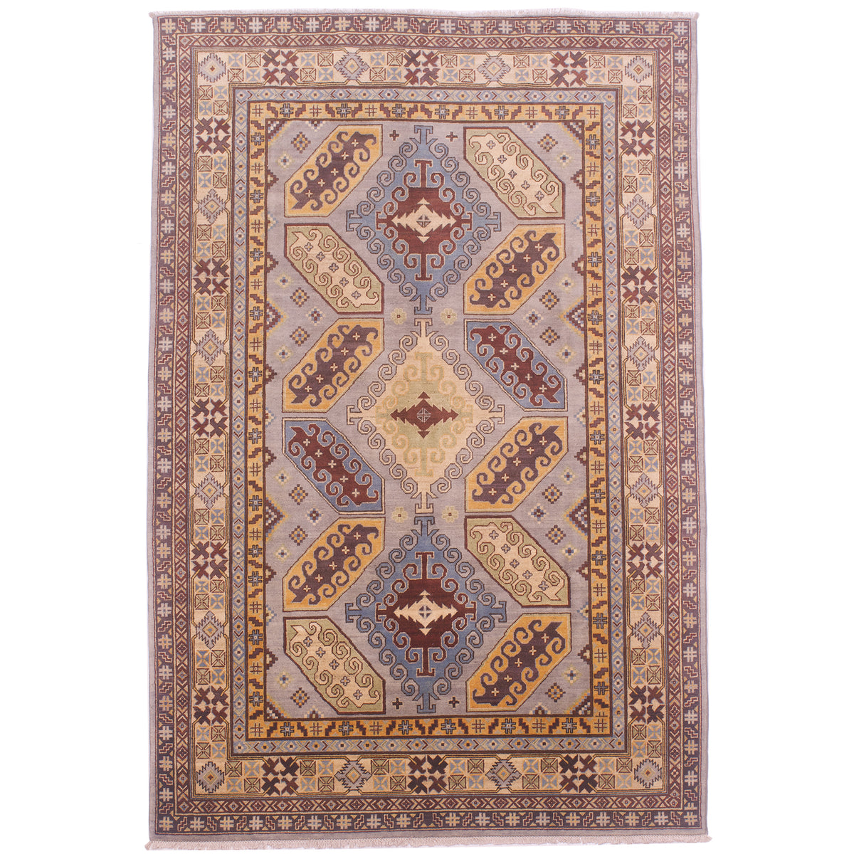 Hand-knotted wool pile Afghan Kazak carpet with triple medallion design on a grey field.