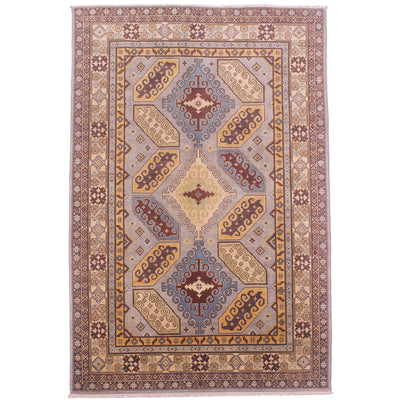 Hand-knotted wool pile Afghan Kazak carpet with triple medallion design on a grey field.
