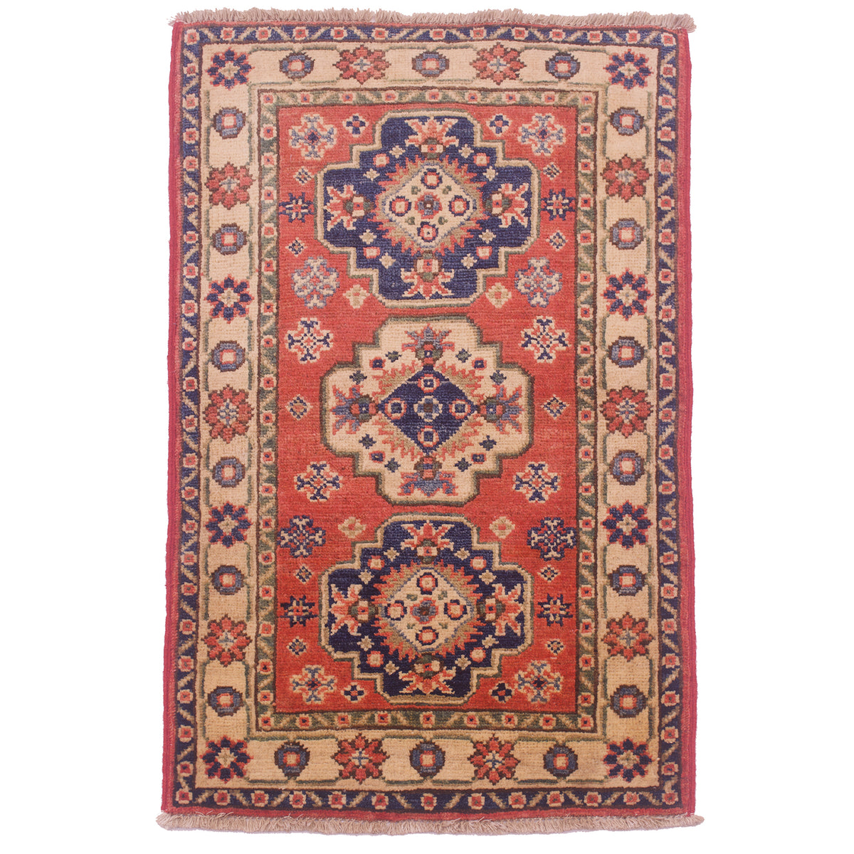 Small size handmade Kazak Matwith geometric design & terracotta primary colour along with navy and cream.