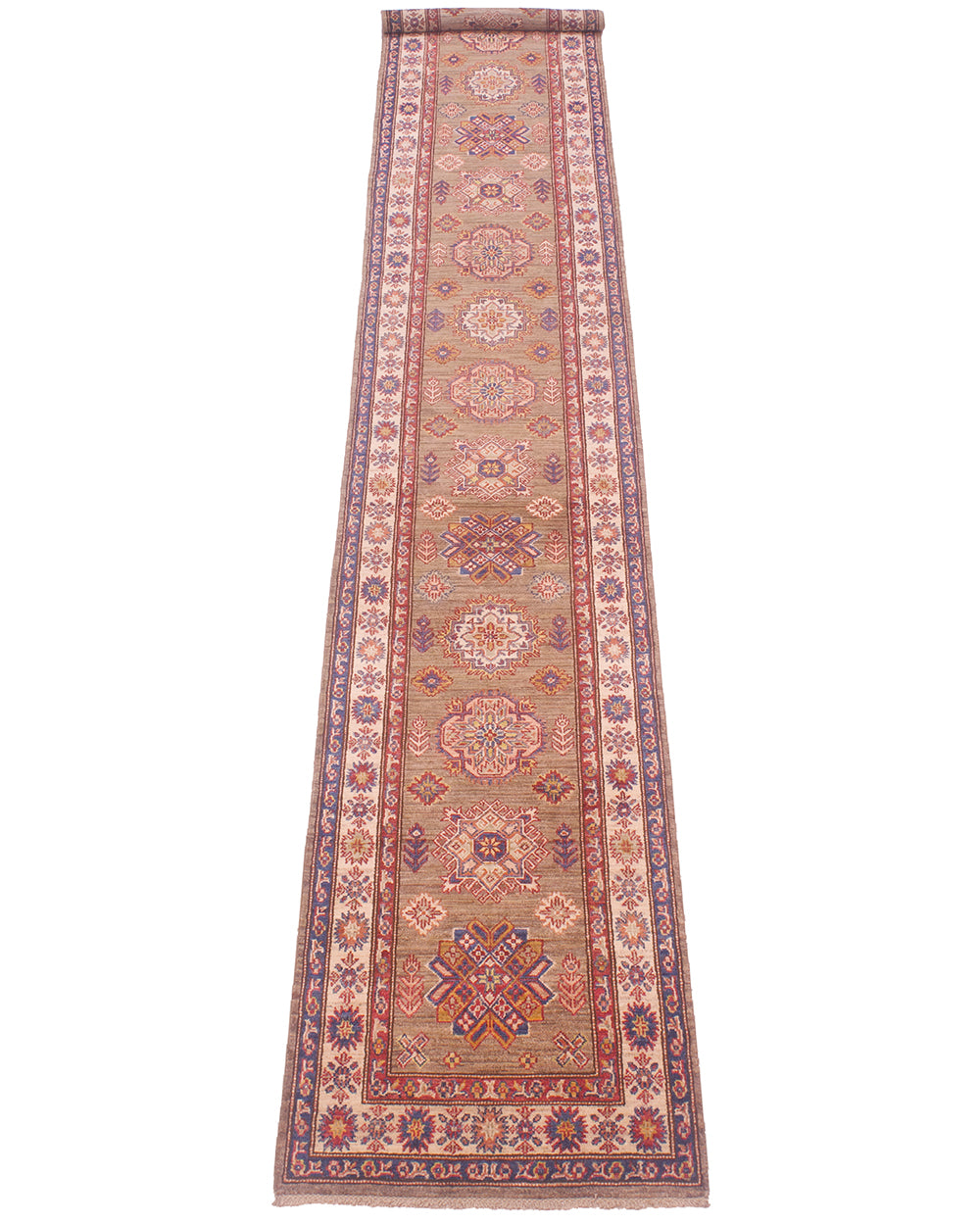 An extra long handmade Afghan Kazak runner with an intricate traditional pattern in muted tones of beige, dusty red, blue, and green, shown flat against a solid white background.