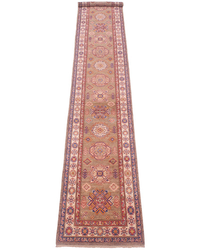 An extra long handmade Afghan Kazak runner with an intricate traditional pattern in muted tones of beige, dusty red, blue, and green, shown flat against a solid white background.