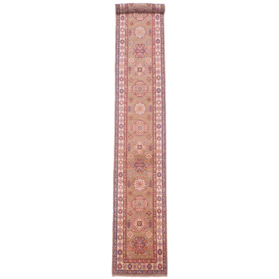 Extra long handmade Afghan Kazak runner with geometric 15 medallion design on a light brown field.