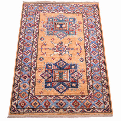 A 4x2'9 rectangular hand-woven small Fine Kazak Rug with a traditional geometric pattern, featuring an amber yellow centre field, blue and red medallions, and a light blue border, shown flat against a white background.