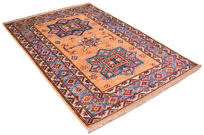 A rectangular Afghan Kazak style small rug with a warm amber yellow central field, blue and red geometric medallions, and a patterned border, shown on a plain white background.