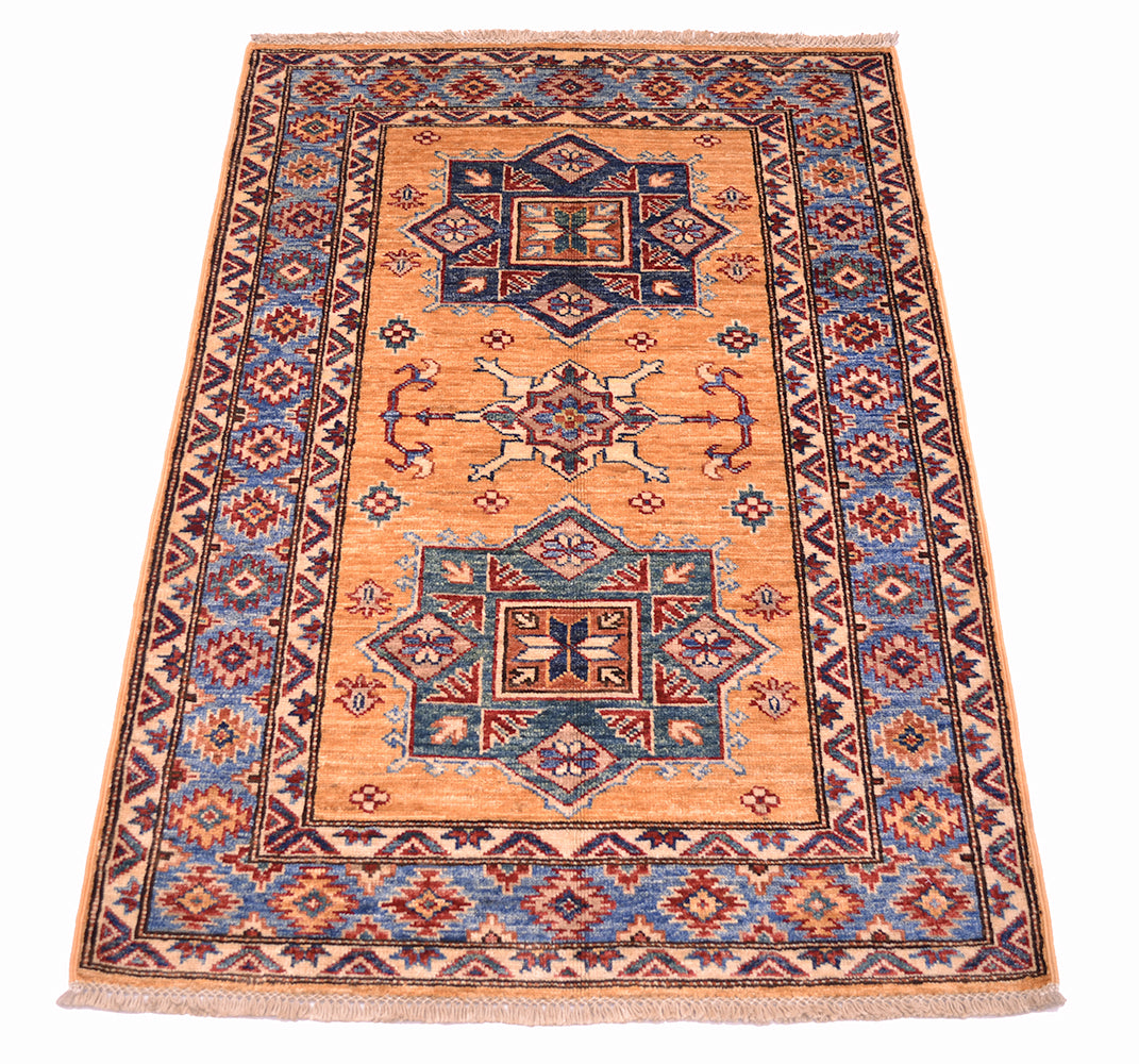 A traditional rectangular fine Afghan Kazak small rug with a warm amber yellow field, featuring two large central medallions in blue and red, and a detailed geometric border.
