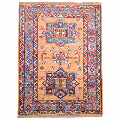 Small handmade Fine Kazak Rug with 2 geometric star medallions on a amber-yellow field with light blue border.