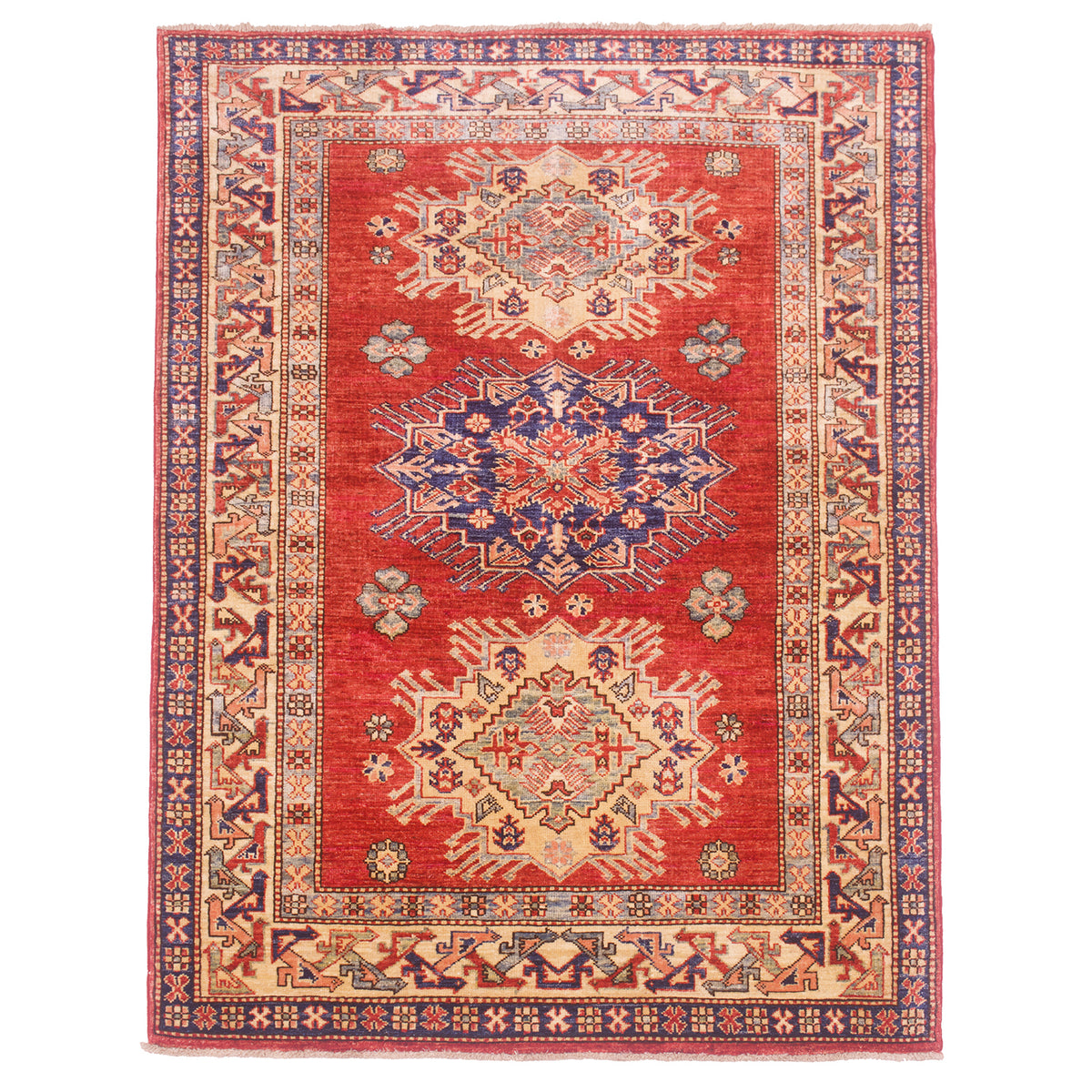 Rust-red Afghan fine Kazak Rug with triple medallion design & border of stylised bird motifs.