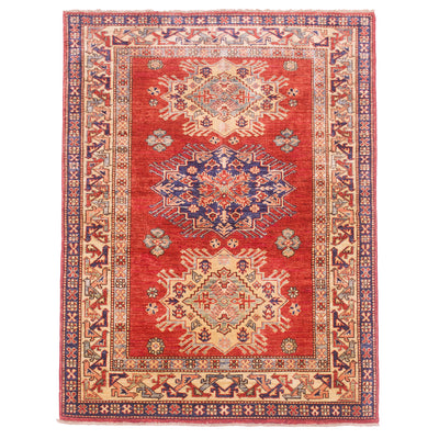 Rust-red Afghan fine Kazak Rug with triple medallion design & border of stylised bird motifs.