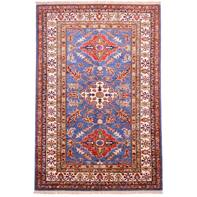 Fine Kazak Rug with blue field, 3 geometric medallions and and cream main border.